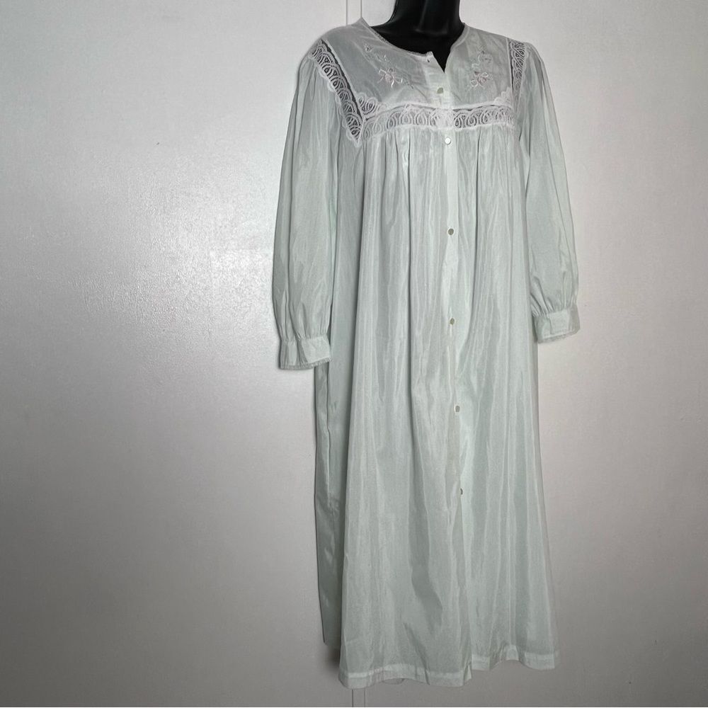 Vtg Barbizon 2 Pc Set Batiste Nightgown Robe Lace Embroidered Mint Green Gown L